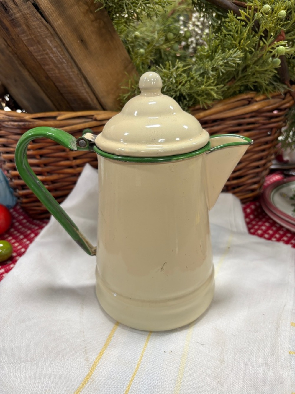 Cream Enamel Coffee Pot with Green Trim